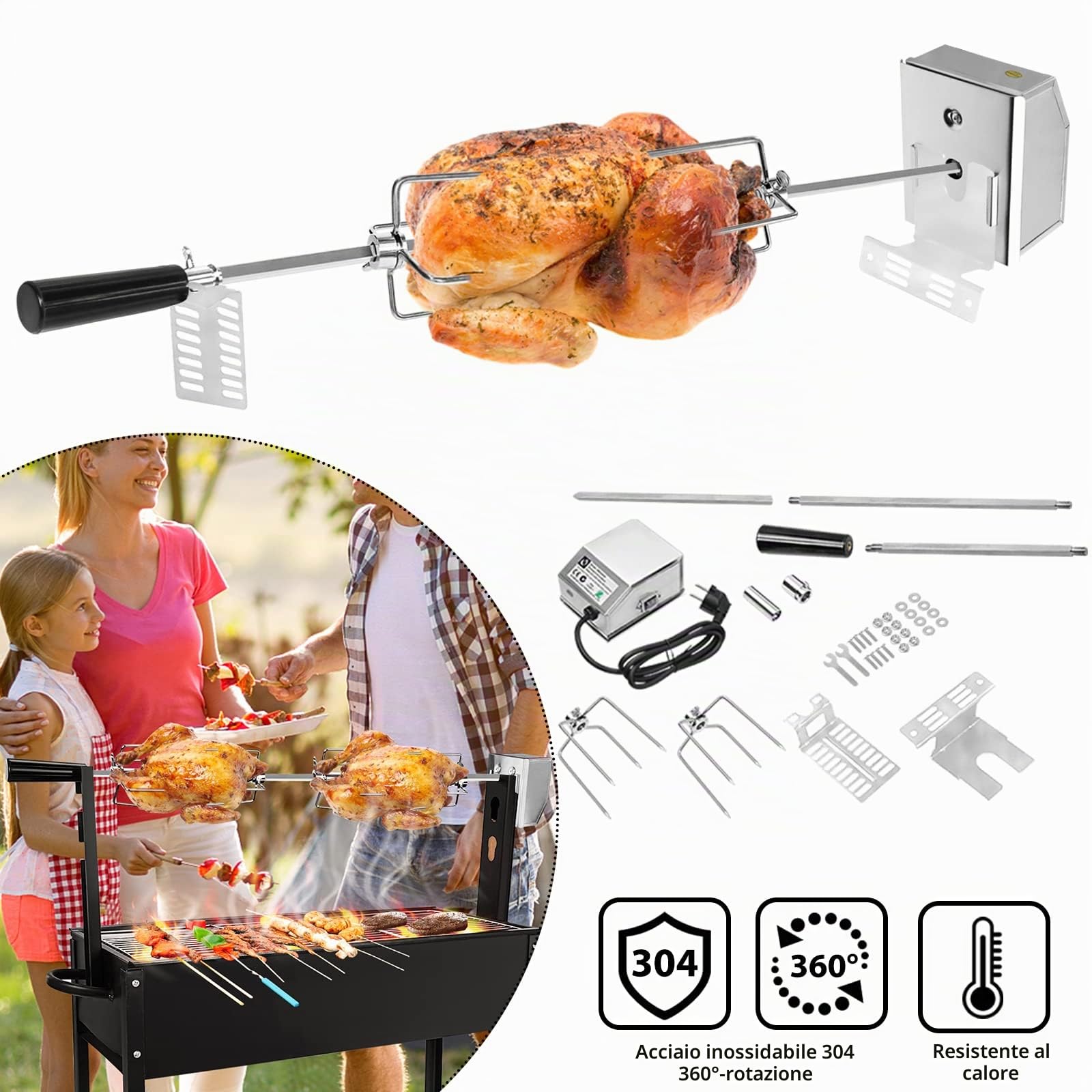 UISEBRT Girarrosto Elettrico per Barbecue 107 cm - Spiedo per Girarrosto in Acciaio Inox con motore 220-240V, inclusi 2X aghi carne