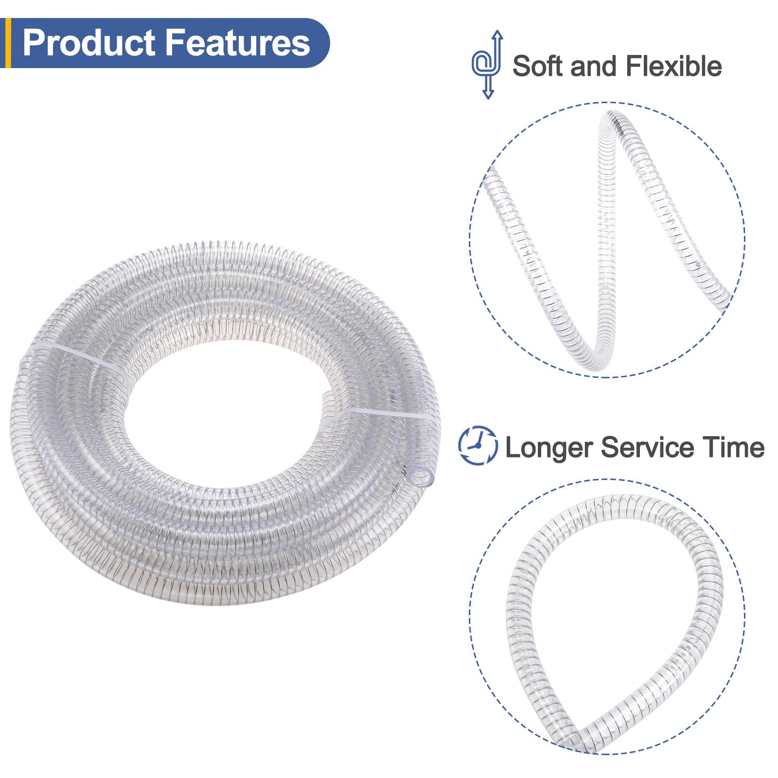 sourcing map 3/4" ID x 24,6ft Stahlverstärkter PVC-Schlauch Chemikalienbeständiger flexibler Vinylschlauch Hochdruckdicker Schlauch Saugrohr klar