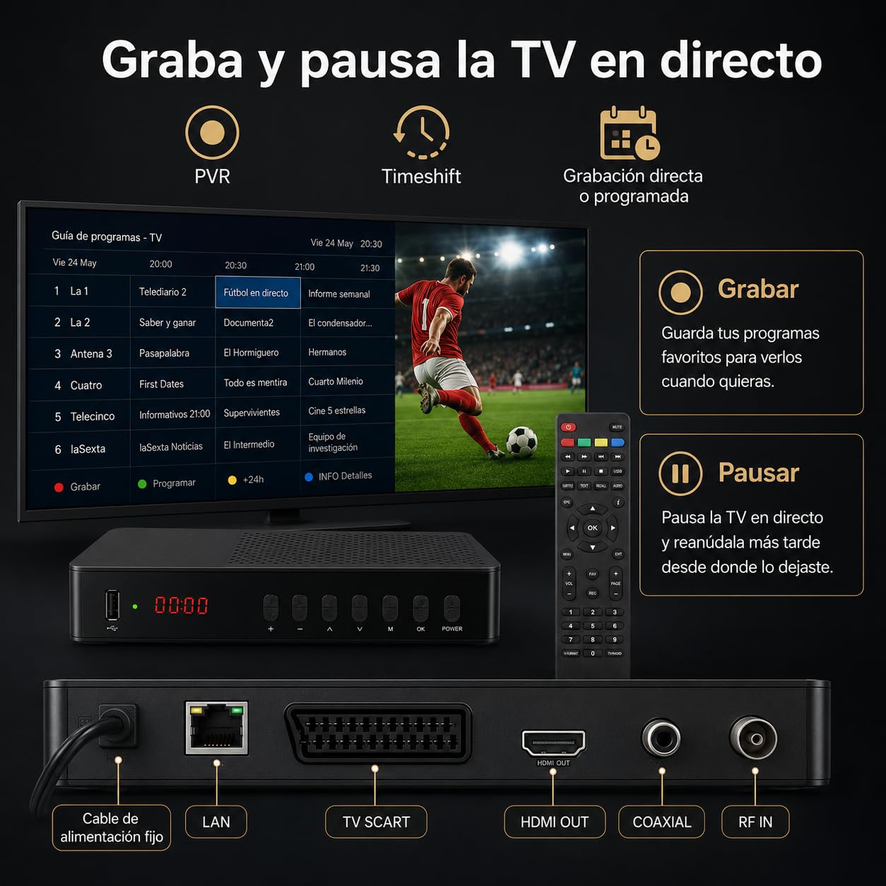 2026 Nuevo Español TDT Decodificador TV DVB-T T2 H265 HEVC FTA Full HD PVR, USB, HDMI, SCART, Sintonizador de TV Digital Terrestre, Receptor Digital de Alta definición Full HD 1080p (3)