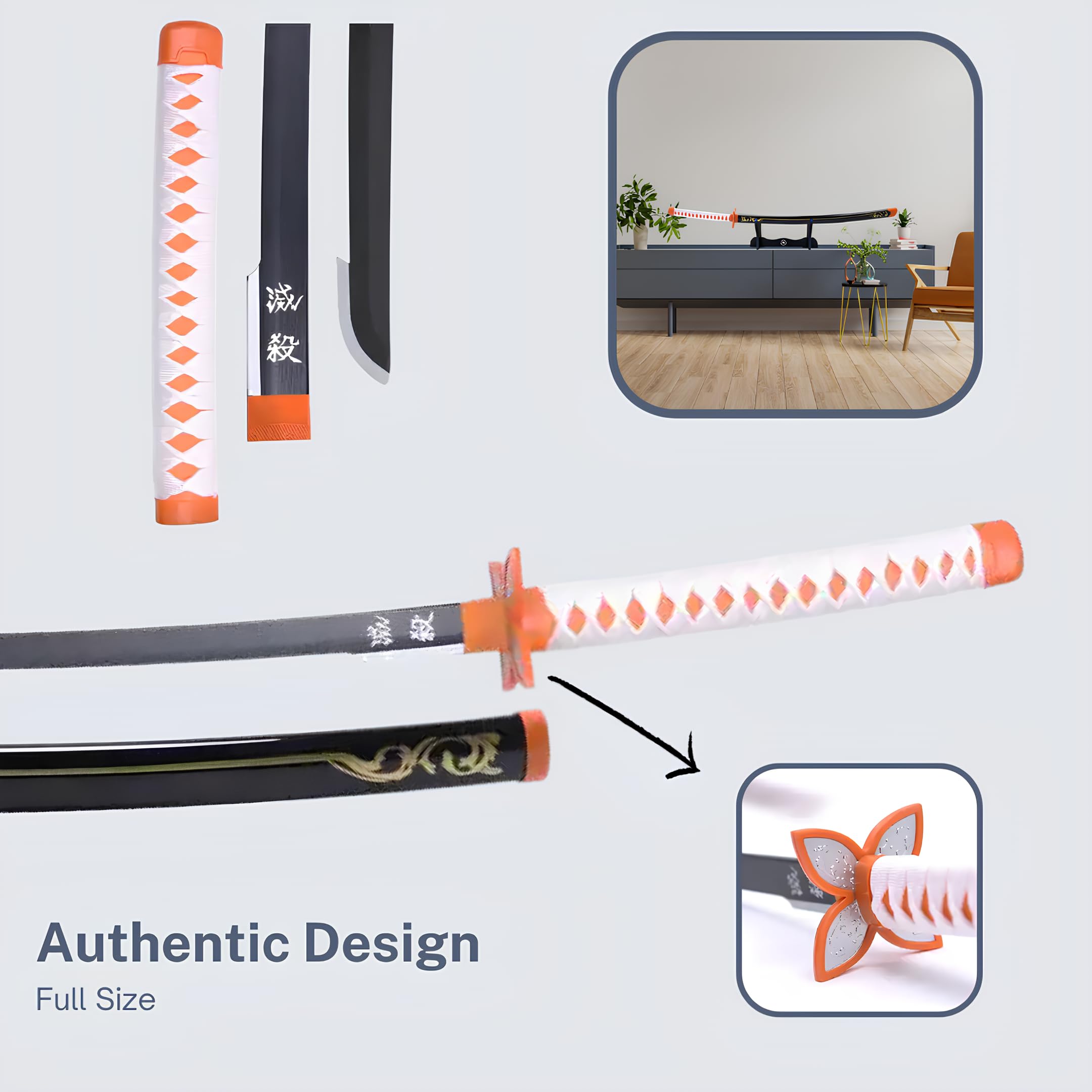 Katana Demon - Réplique Manga Sabre + Support Epée Bois + Ceinture - Catana Japonais Cosplay Décoration Jouet Enfant Adulte - Jeu Déguisement Deco Ninja (Shinobu)