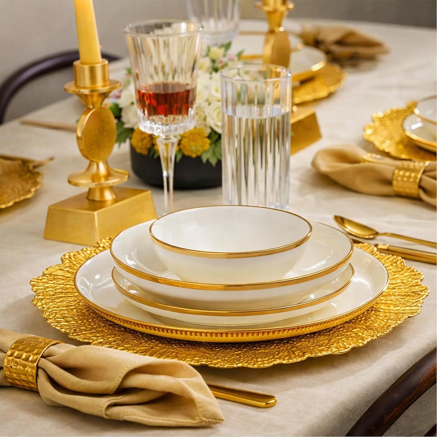 50PCS Bright Gold Reef Charger Plates Bulk Set with Storage Solution, 13 Inch Round Reusable Plastic Dinner Chargers, Decorative Table Chargers for Wedding, Event, Banquet, Party Table Setting