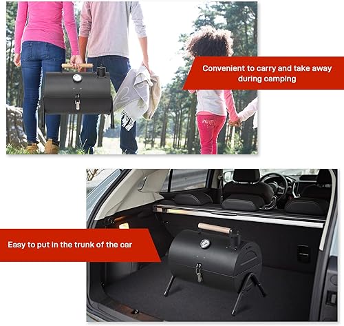 Miniatura 4 de VINGLI Parrilla de carbón portátil con termómetro y mango de madera, multifuncional de metal, compacta, de mesa, barbacoa, parrilla de carbón al