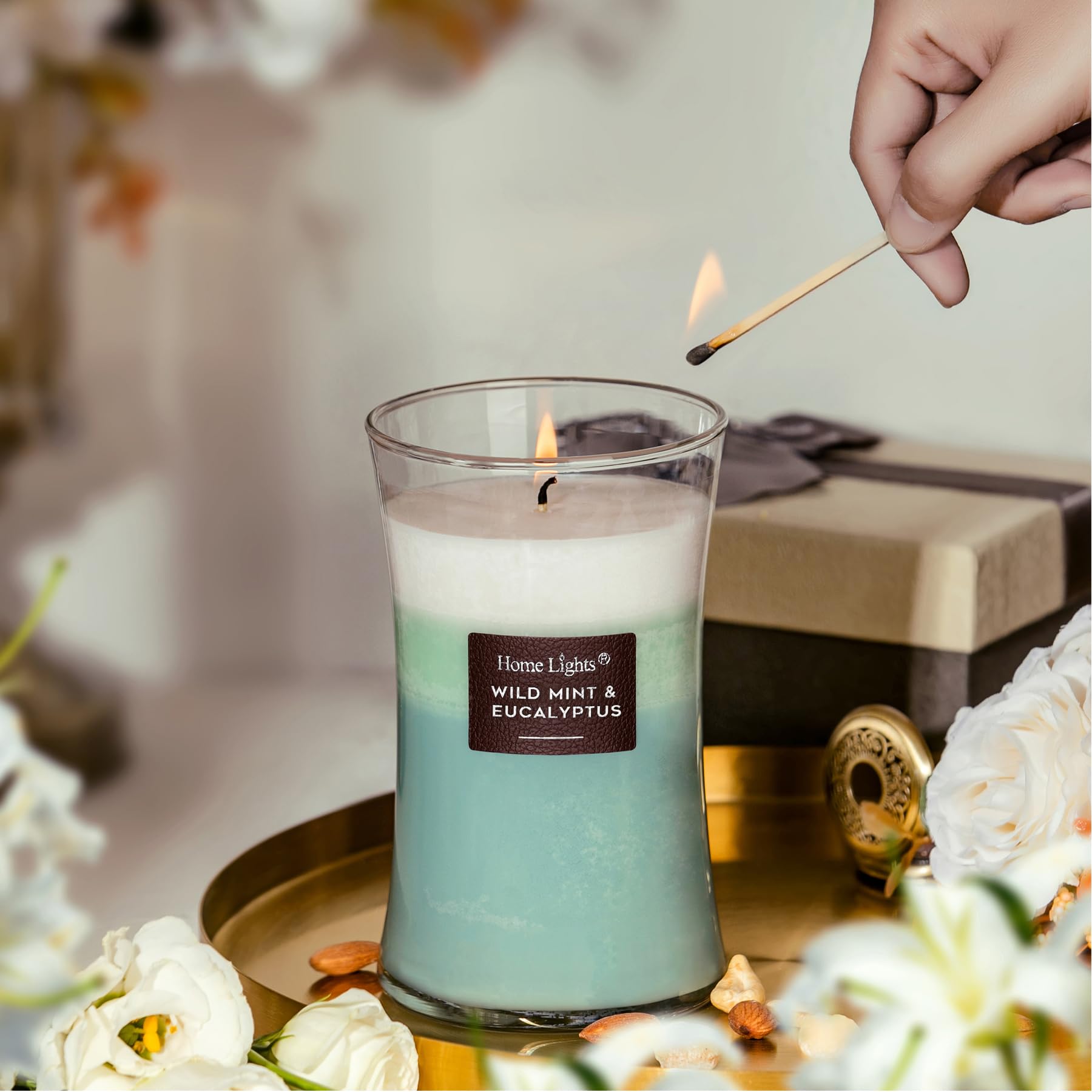 HomeLights - Velas perfumadas de 3 capas para el hogar, velas perfumadas de cera de soja natural de 21 onzas que duran hasta 100 horas, tarro grande, menta silvestre y eucalipto