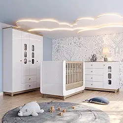 Conjunto Quarto de Bebê Completo Berço 2 em 1, Guarda-roupa e Cômoda Sophia Branco e Jequitiba
