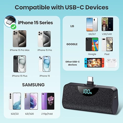 Miniatura 3 de Mini cargador portátil para iPhone 15, banco de energía USB C de 5200 mAh actualizado, pantalla LCD, cargador de batería Android compatible con