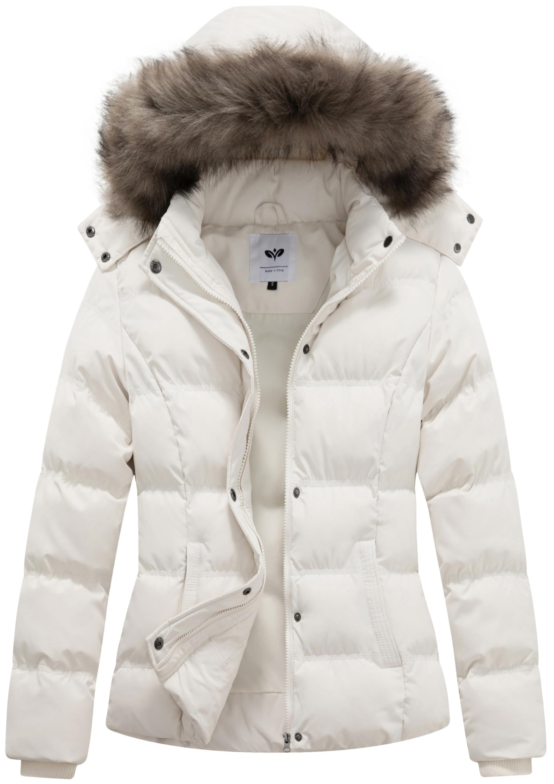 GGleaf Women's Winter Puffer Coat Quilted Jacket with Removable Fur Hood | Standard & plus sizes S-5X, Snow Coat, Warm Jacket, Ribbed Elastic Cuffs, Water Repellent, Windproof, Multiple Colors