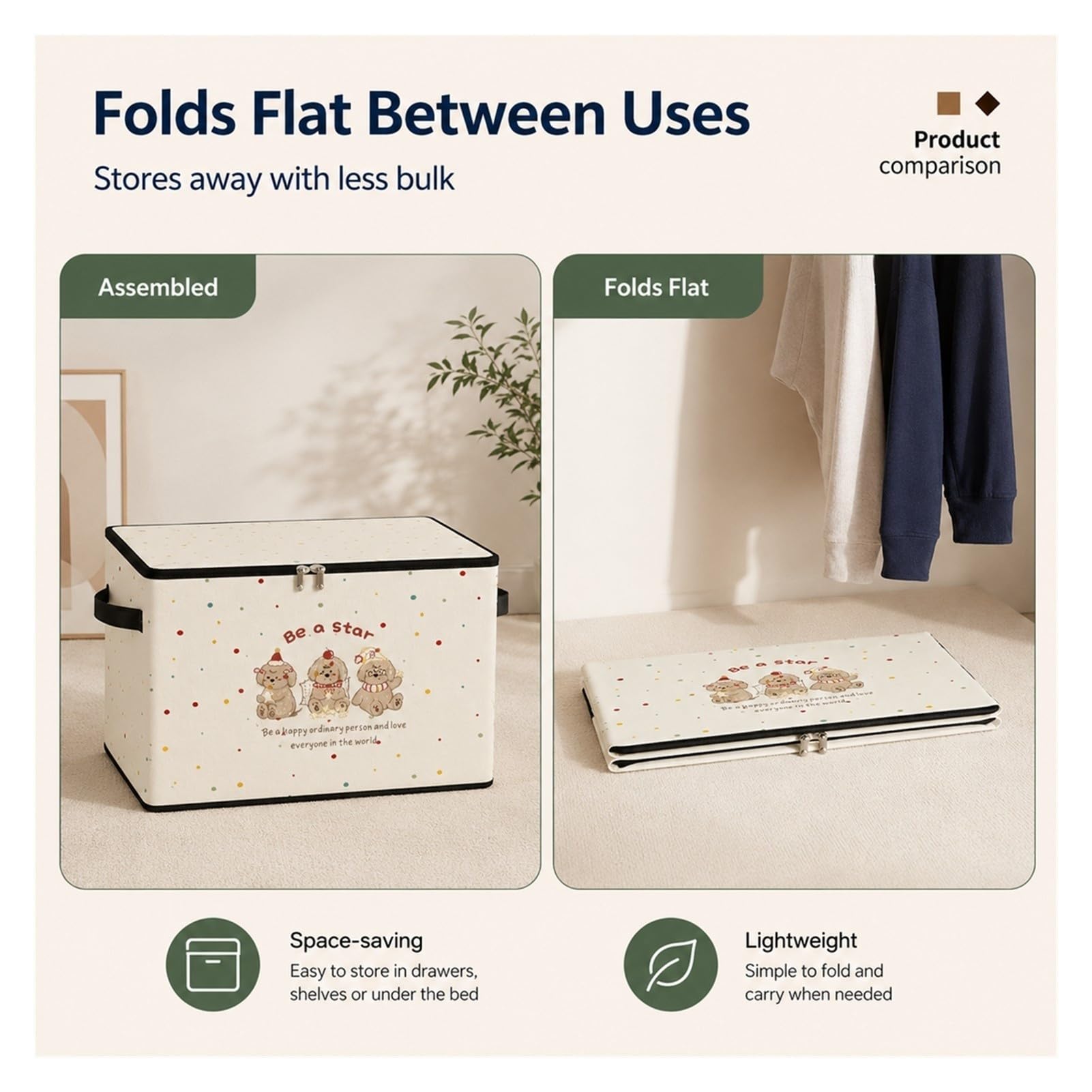 Caja de almacenamiento plegable de tela no tejida con tapa y doble cremallera, asas laterales para ropa, mantas, juguetes y armario de dormitorio y hogar(Small)