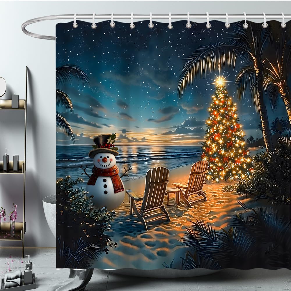 Beach Christmas Shower Curtain Snowman Xmas Tree Palm Trees Starry Sunset Beach Chair Coastal Merry Christmas Bath Decor Polyester Fabric Curtains 106X70 Inch