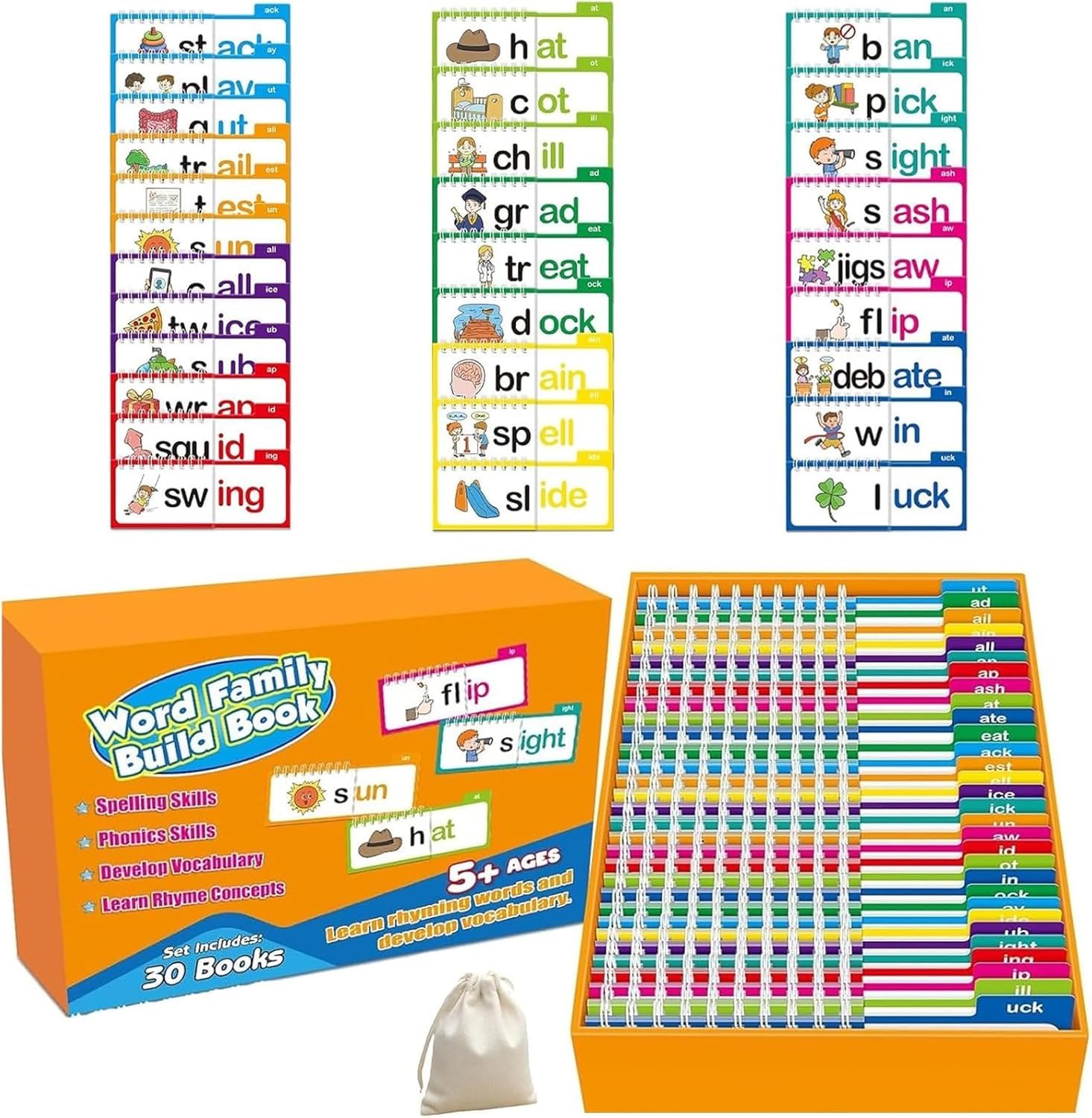 Libros interactivos Claritydream, Clarity Dream Book, 30 libros interactivos for leer y rimar con familia de palabras y tarjetas de vocabulario del abecedario, juegos educativos fonéticos y tarjetas i