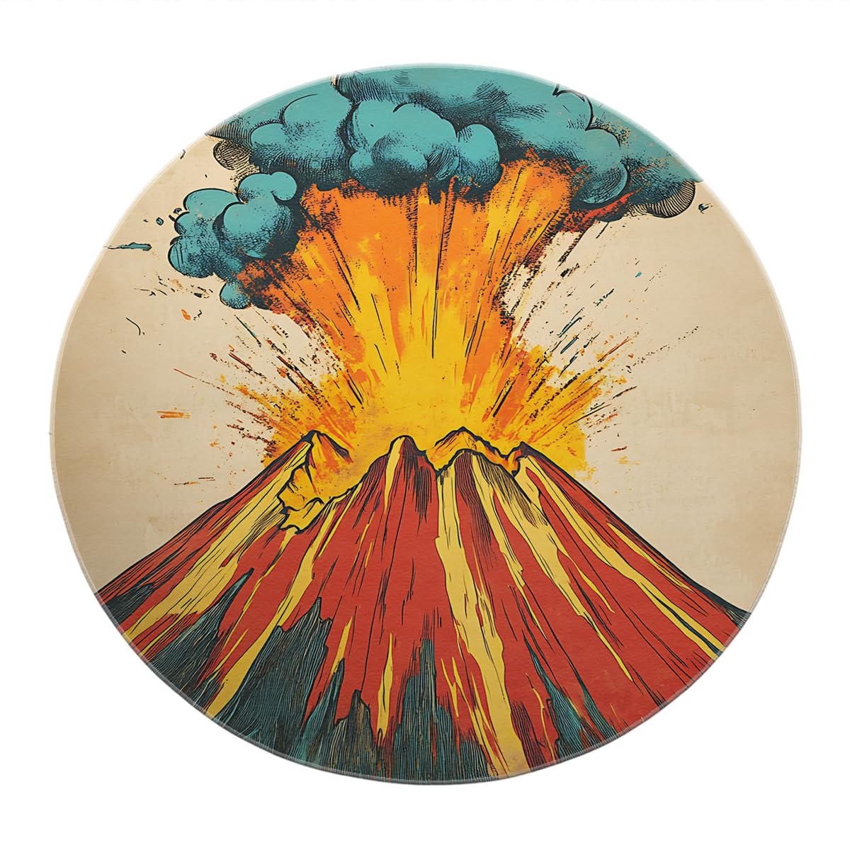 Okrągły dywan z motywem erupcji wulkanu, 150 cm, do pokoju gier, komiks, eksplozja, górskie niebo, drukowane dywany, składany, antypoślizgowy, można prać w pralce, cienkie maty podłogowe