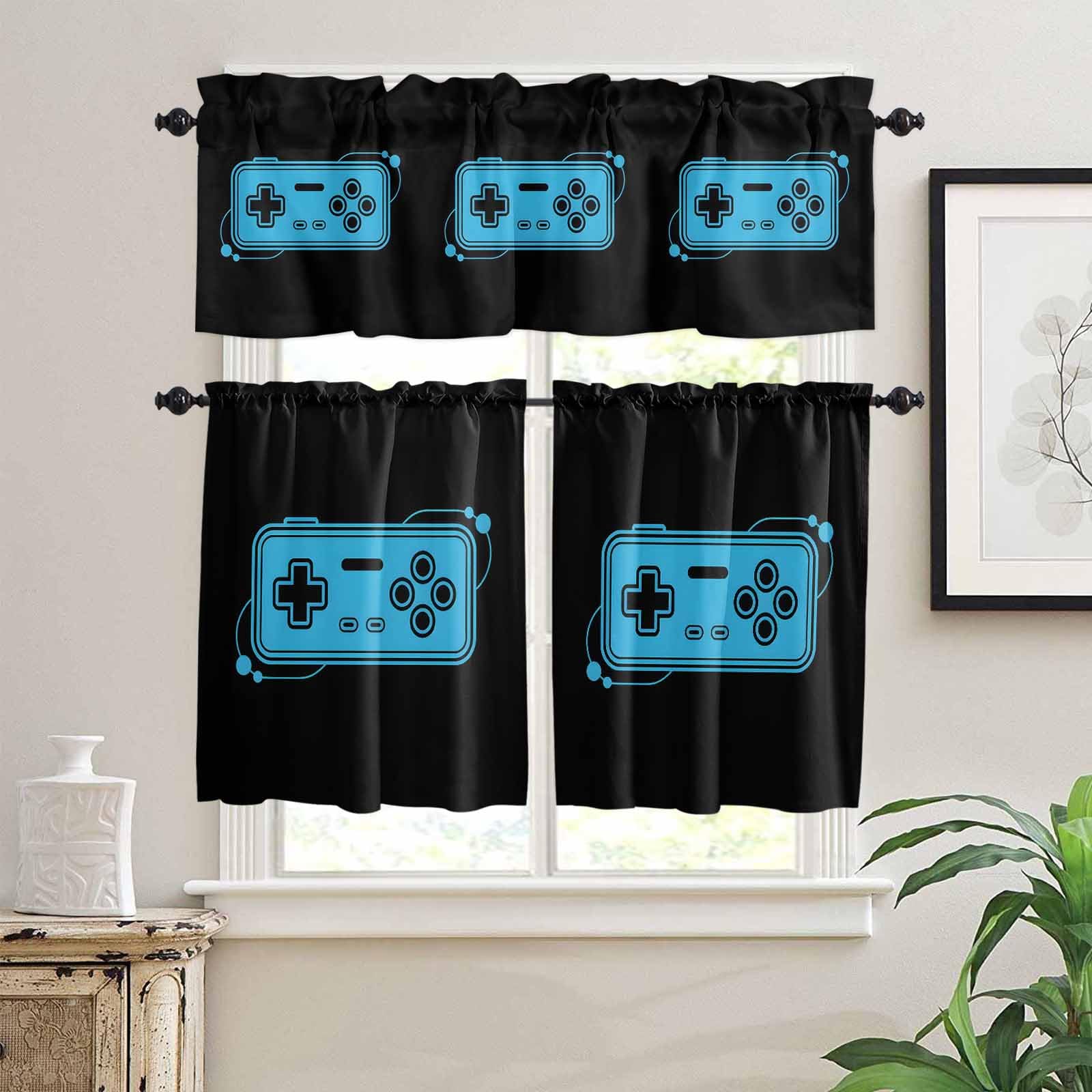 Blue Game Handle Kitchen Curtains 36 Inch Length, 3 Piece Rod Pocket Small Half Tiers and Valance Set, Video Gamer Console Earphones Black Small Large Window Treatment Decor for Bedroom/Bathroom Sink