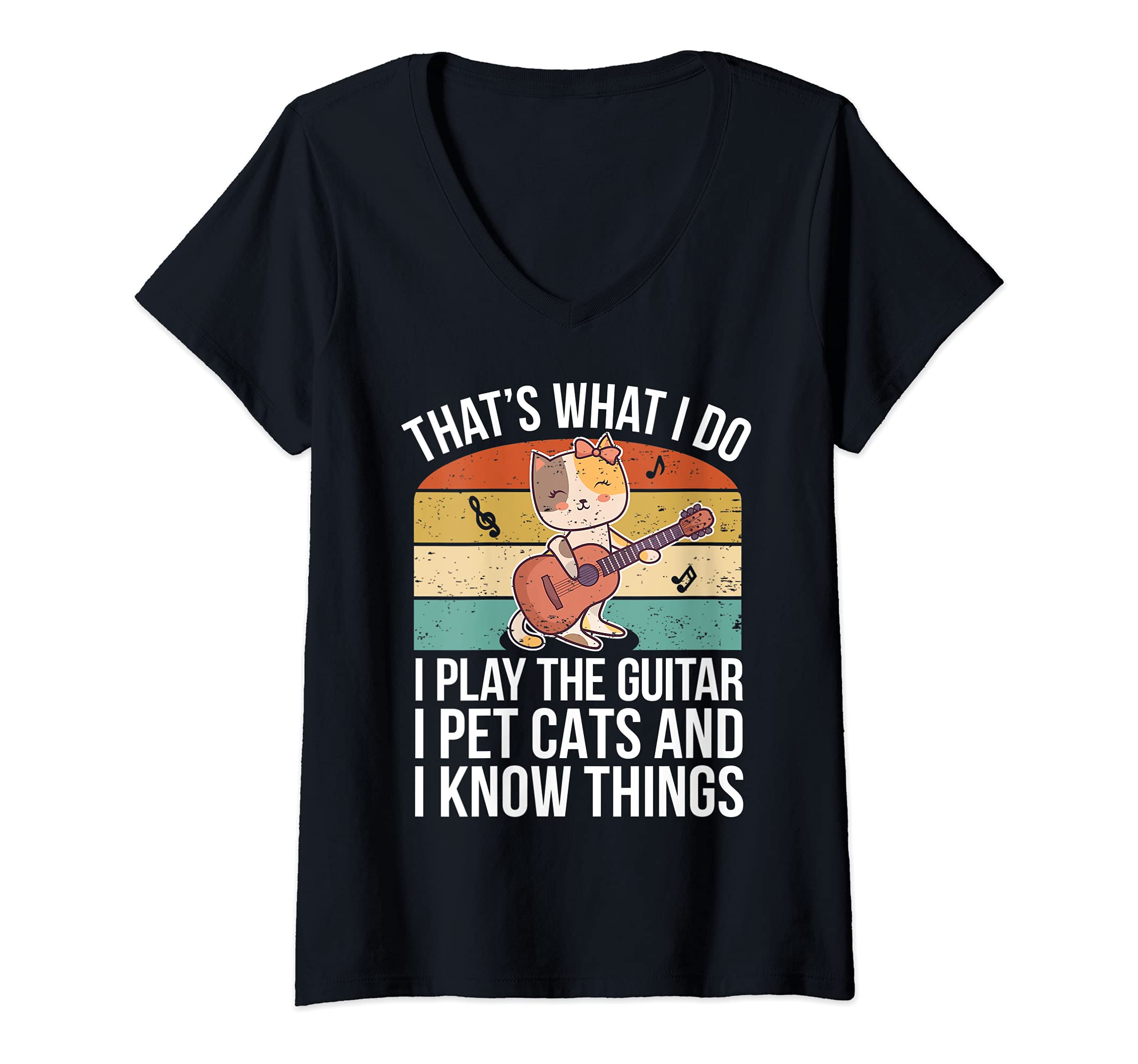 Womens Cute Cat Owner Guitar Player Saying Guitarist I Pet Cats V-Neck T-Shirt, Black