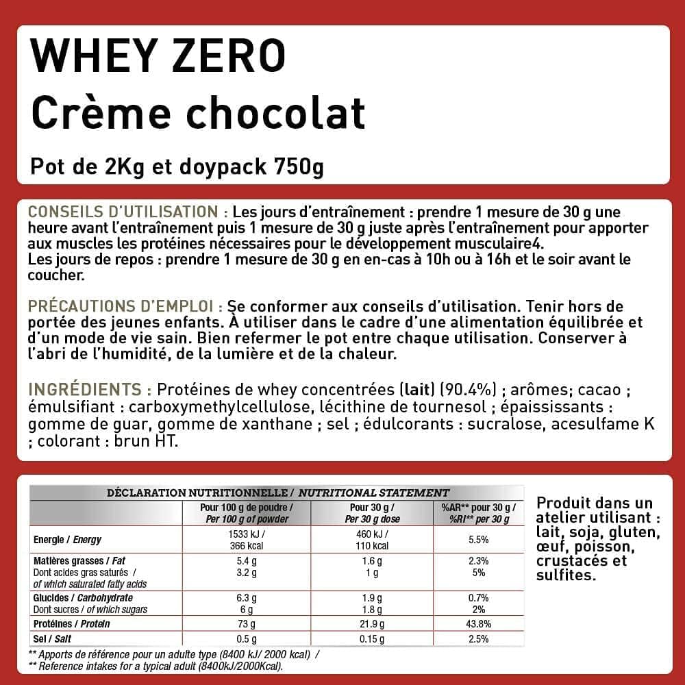 WHEY ZERO +74% de Protéine Whey Concentrée, Faible en Sucre, Construction/Récupération Musculaire - 2kg - Saveur Chocolat - Eric Favre