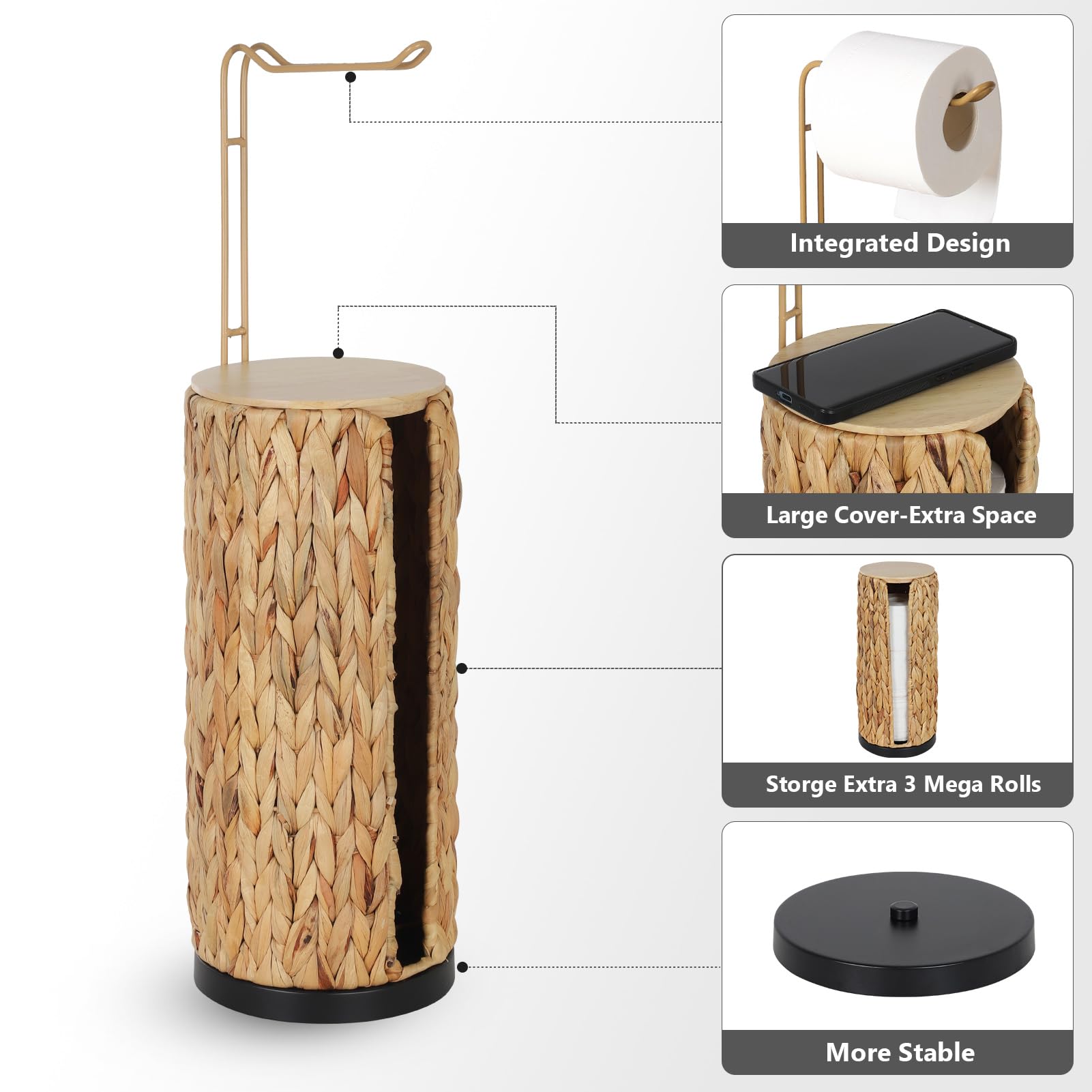 Freistehender Toilettenpapierhalter Aufbewahrung mit Regal, Badezimmer Toilettenpapierhalter Stehend, Boho Rattan Klopapier Aufbewahrung, Wasserhyazinthe Toilettenpapierständer für 4 Rollen Klopapier