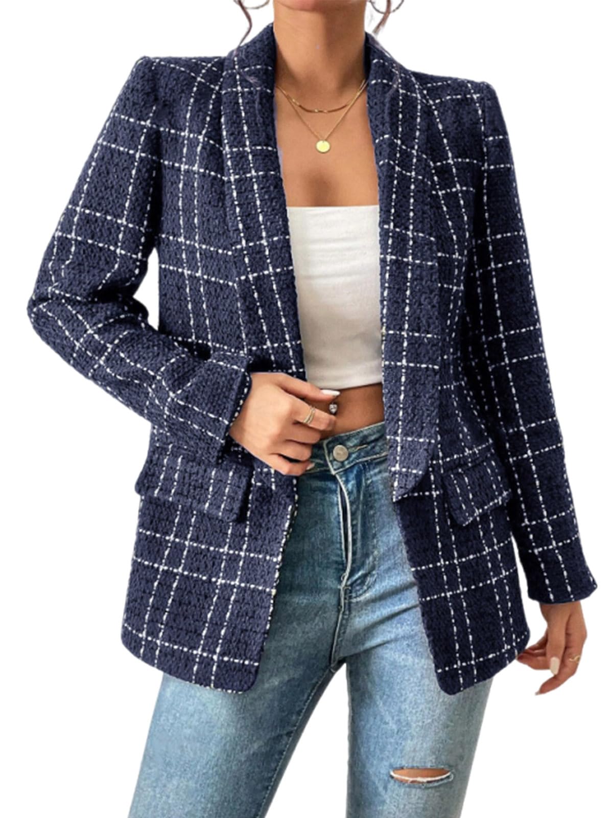 utcoco Womens 2025 Fashion Plaid Tweed Blazers Long Sleeve Open Front Blazer Business Casual Work Suit Jackets