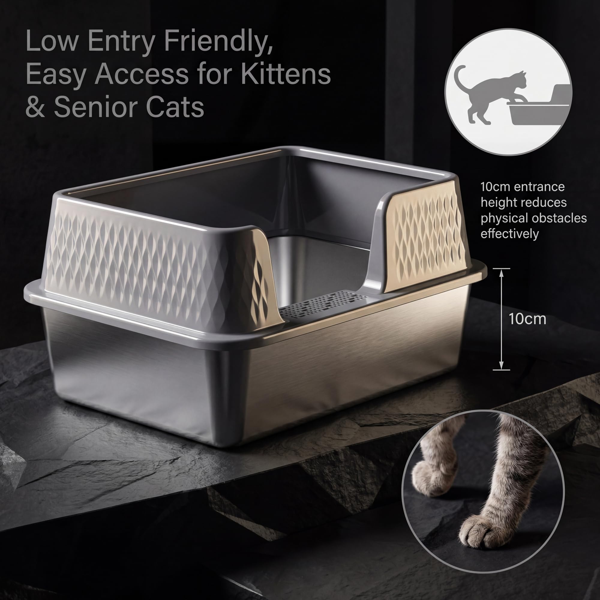 Suhaco bac à litière pour Chat en Acier Inoxydable avec Couvercle et Pelle pour Toilettes pour Chats High Edge XL Facile à Nettoyer Grand bac à litière pour Chat (L, Gris)