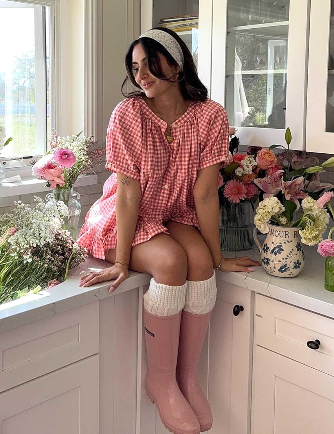 Yimoon Womens Gingham Pajamas Set Plaid Cotton Pj Set Puff Sleeve Ruffle Babydoll Shirt Shorts Summer 2 Piece Outfits - Image 2