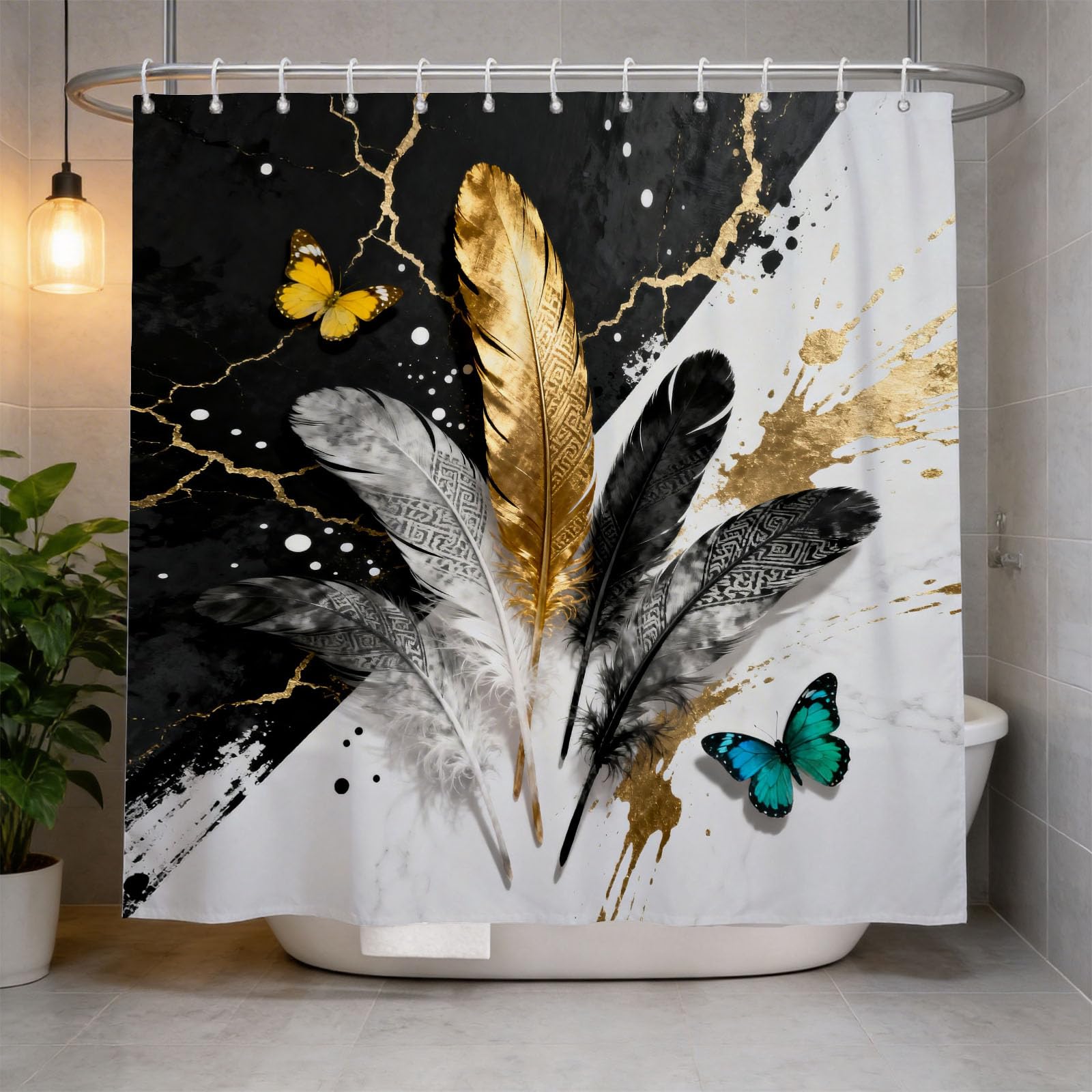 Hongduo 3D Cartoon Feather Shower Curtain for Stalls Bathtubs Chic Bathroom Decor Shower Curtain Set Polyester Fabric Waterproof 120x180cm/48X71 Inch with Hooks