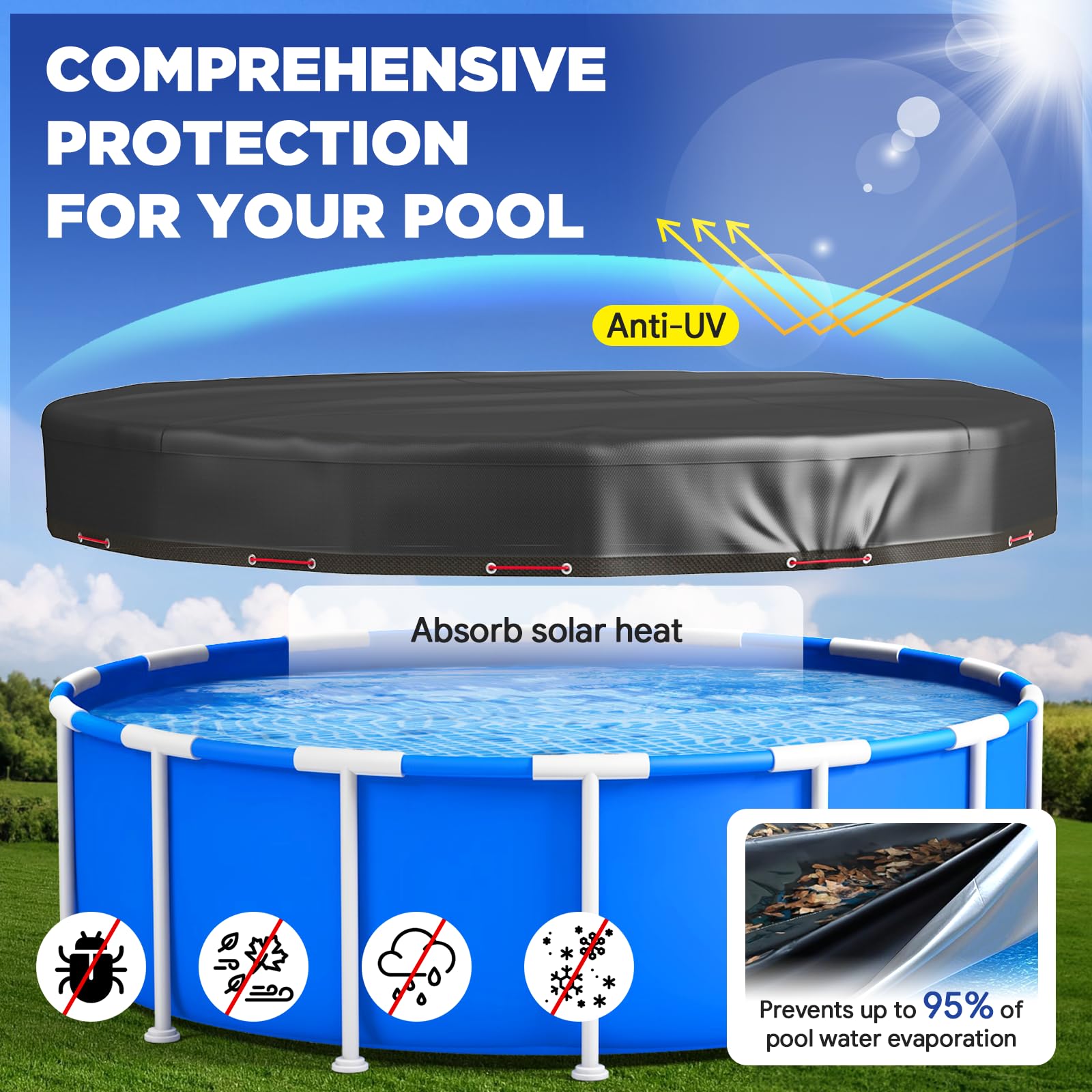 Bâche pour piscine hors sol de 1,8 m – Bâche ronde robuste 420D avec câble métallique en acier et tendeur – Forte résistance à la déchirure, aux UV et à la poussière – Noir