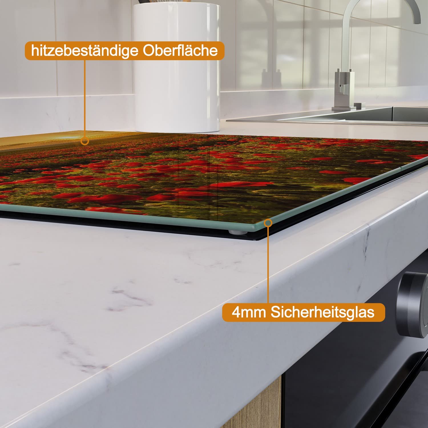 Wallario Herdabdeckplatte aus Glas, 2-teilig, 60x52cm, für Ceran- und Induktionsherde - Motiv: Mohnblumenwiese bei Sonnenuntergang am Abend