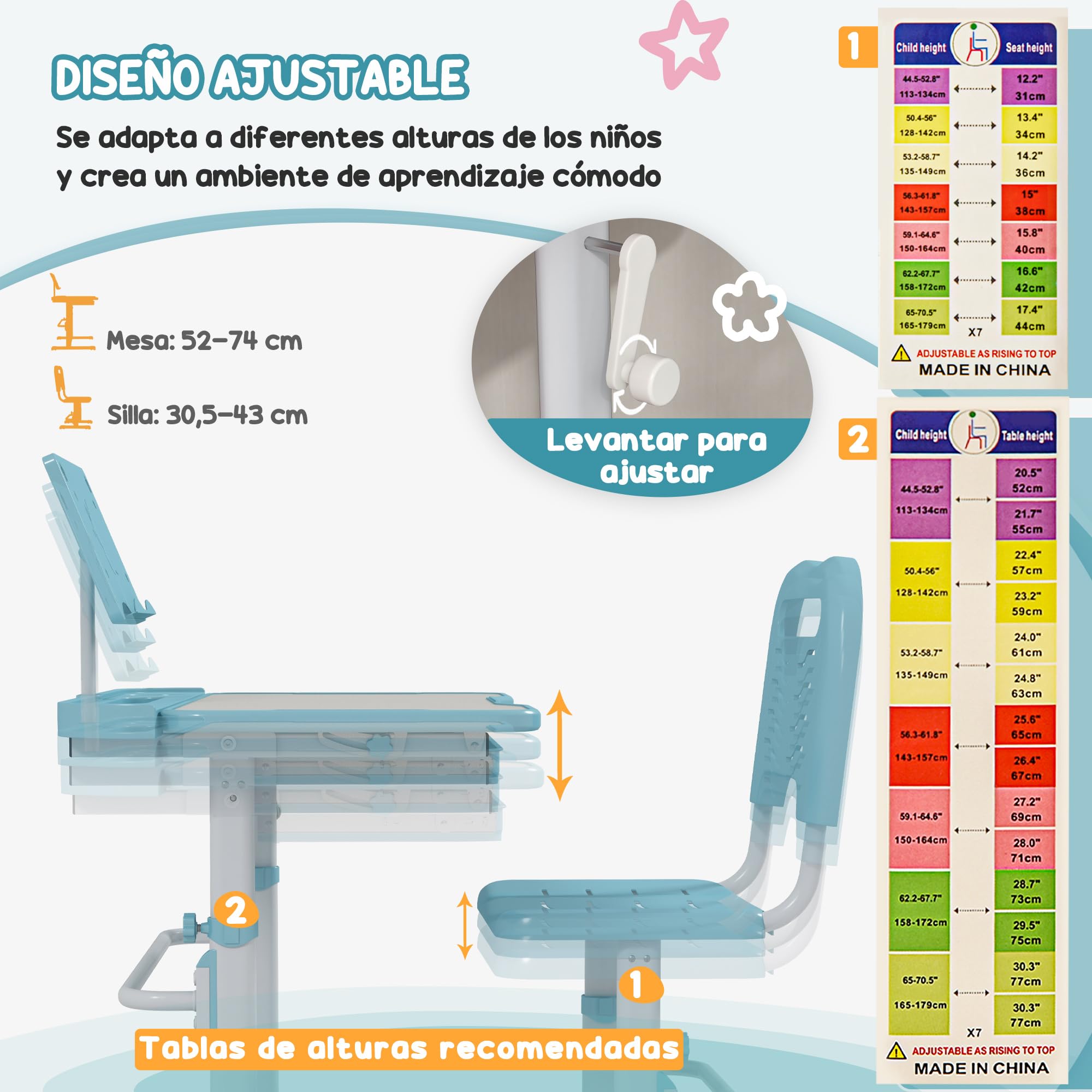 ZONEKIZ Juego de Escritorio y Silla para Niños de 6-12 Años Pupitre Infantil Altura y Ángulo Ajustable con 1 Cajón y 1 Estante para Libros 80x49,5x82-104 cm Azul y Blanco