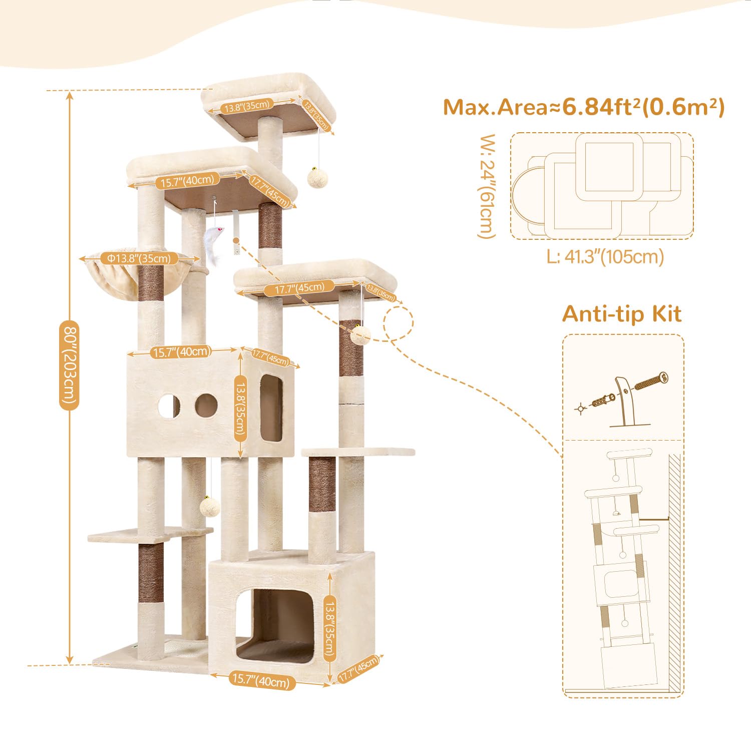 Globlazer Beige Arbre a Chat XXL pour Gros Chats 203 cm avec 2 Grande Niches 45*40*35cm, 2 Vaste Plate-Forme, Perchoir, Griffoir en Sisal, Panier, Arbres à Chat pour Grand Chats Adulte (F80E, Beige)