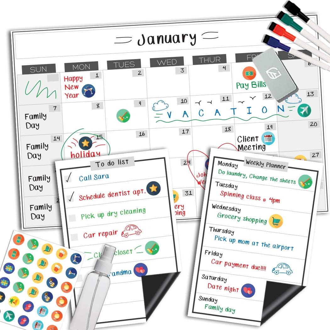Magnetic Dry Erase Whiteboard Calendar - 11x17 Inches - Large Premium Reusable Board for Refrigerator - Weekly Kitchen Fridge Planner & Smart Atomic Habit Organizer