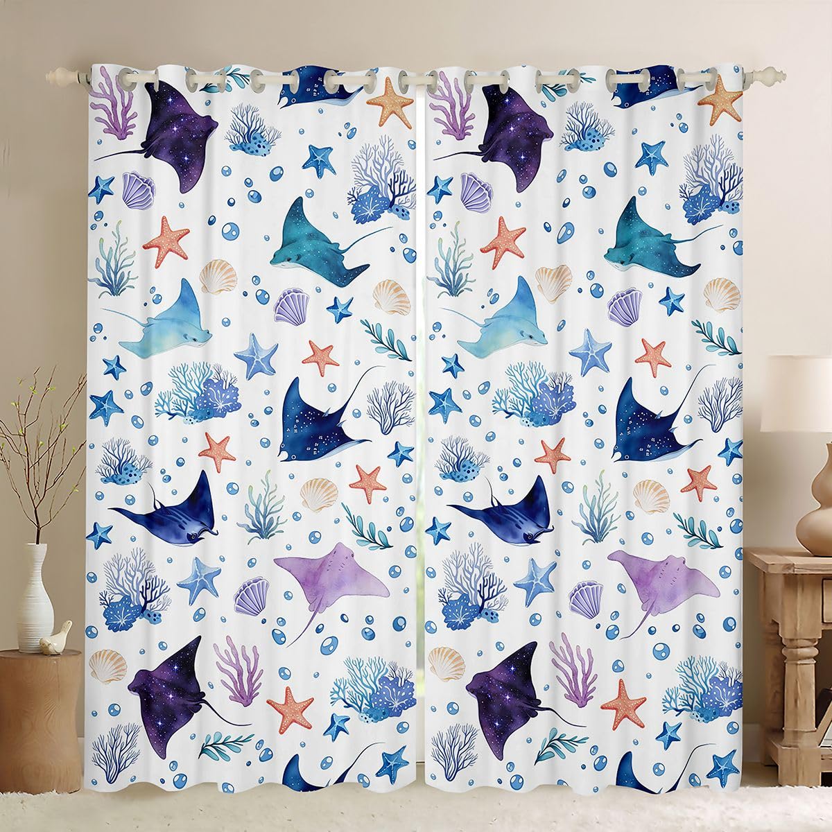 Homemissing Manta Ray - Tende oscuranti per camera da letto, soggiorno, tema oceano, stella marina, tende oscuranti, motivo creatura subacquea, tendaggi per finestre, 2 pannelli, 132 x 228 cm