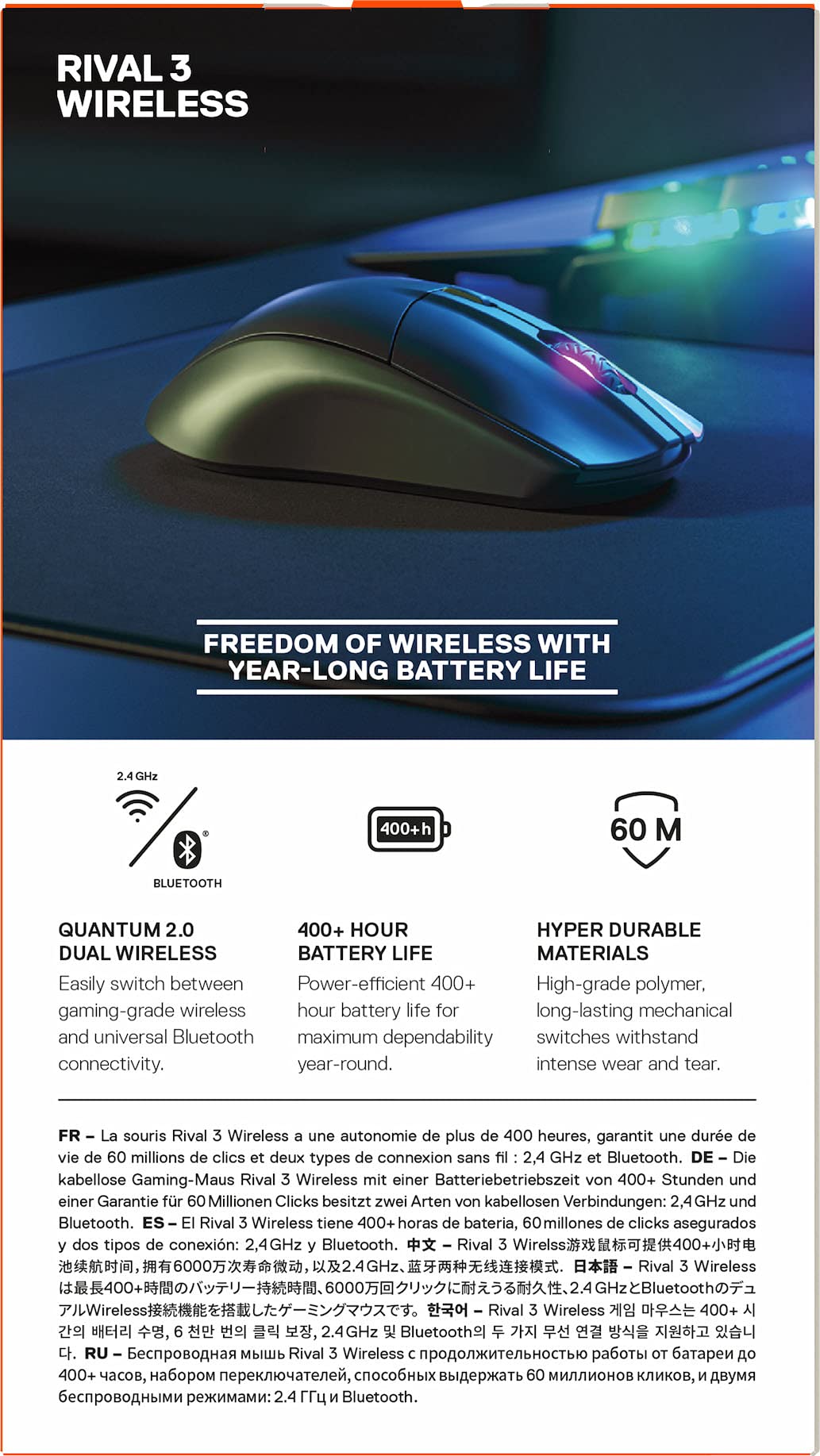 Steelseries Rival 3 Wireless, Mouse Da Gioco, Oltre 400 Ore Di Autonomia, Dual Wireless 2 -4 Ghz E Bluetooth 5.0, Nero