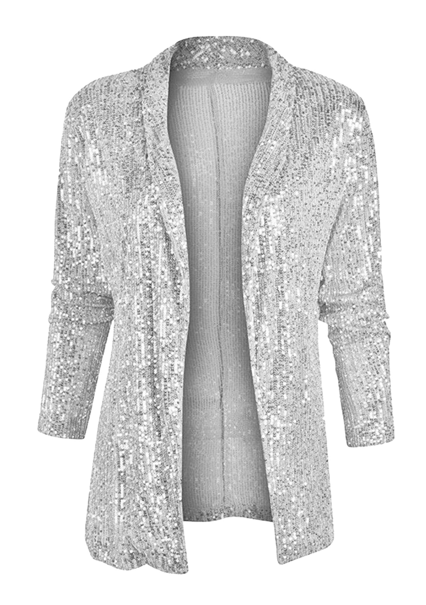 GRASWE Womens Sequin Shiny Blazers Open Front Blazer Long Sleeve Lapel Blazer