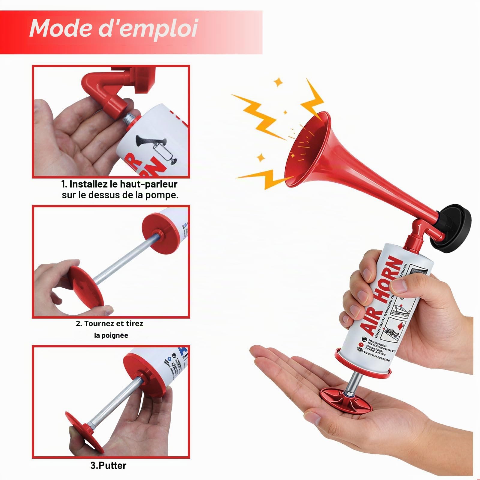 Corne de Brume Manuelle, Klaxon à Air Comprimé Portable, Trompette Supporter, Corne de Brume a Gaz pour L'aviron, Événement Sportif, Match de Football, Fête, Alarmes (Rouge)