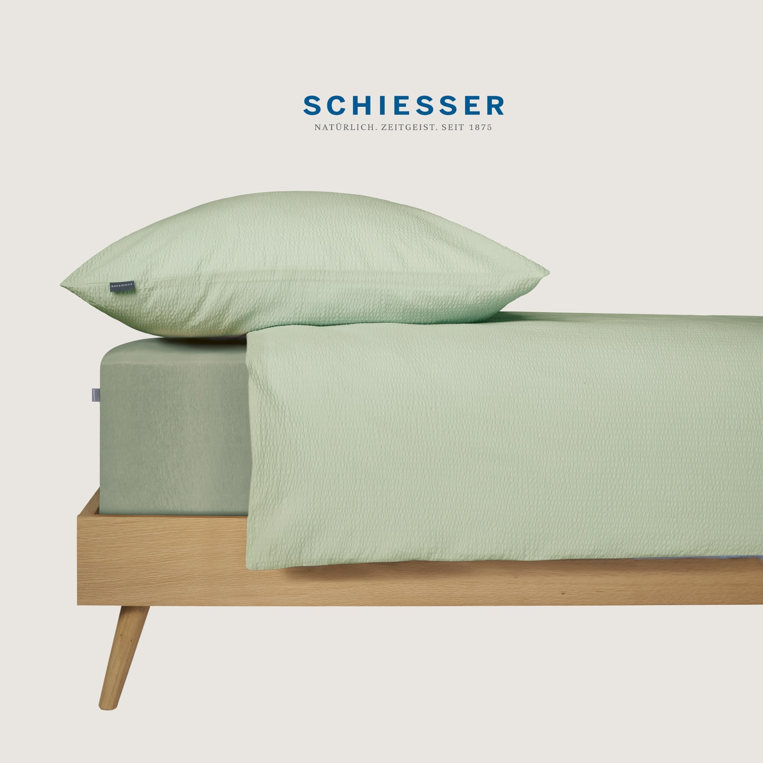 Schiesser Bettwäscheset Laura | 2-teilig | Uni | edler Perkal - Seersucker aus 100% Baumwolle | Oeko-Tex Zertifiziert | Reißverschluss | 135x200cm + 80x80cm | Hellgrün