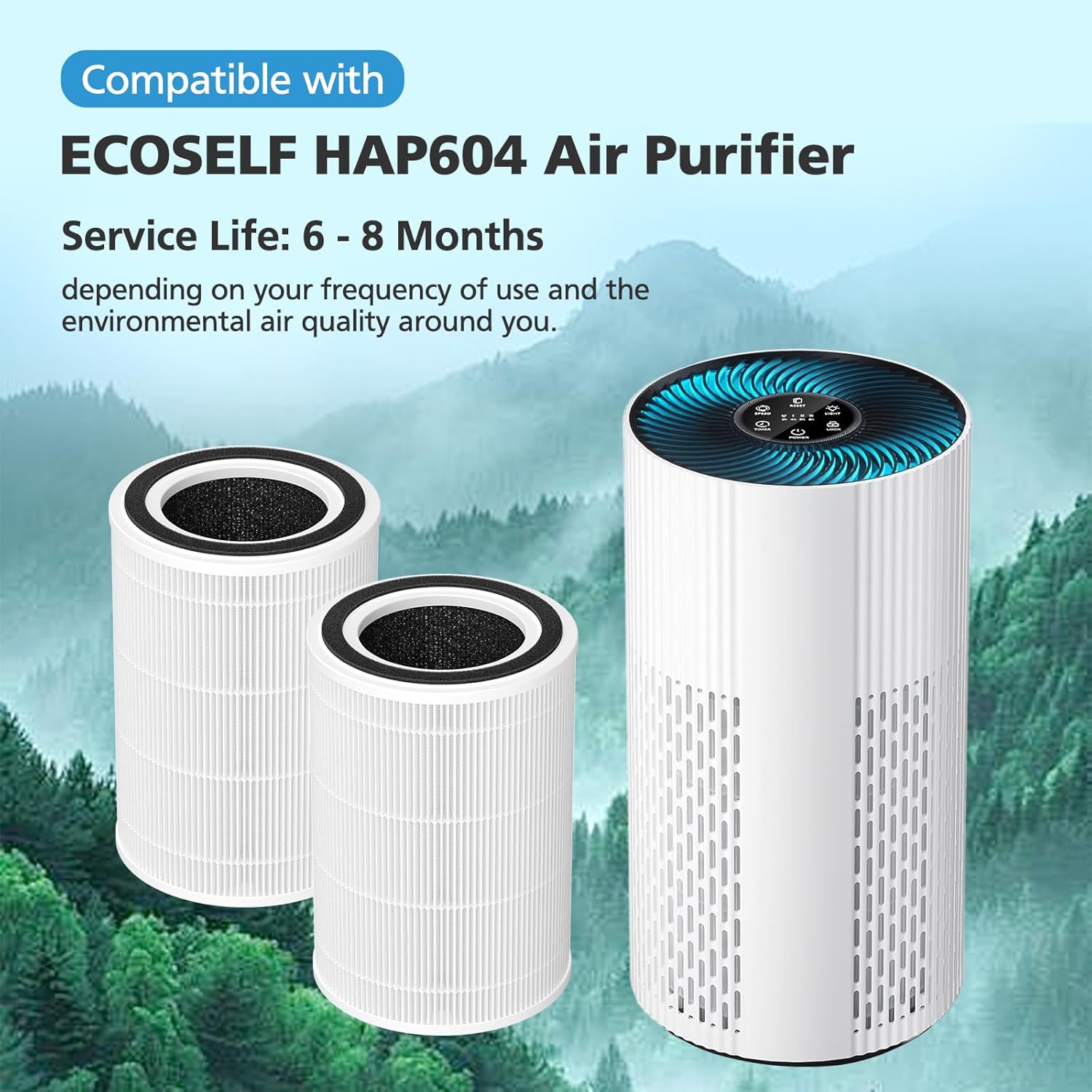 2 Pack HAP604 HEPA Air Filter Compatible with ECOSELF HAP604 Air Purifiers for Home Large Room 360° Air Intake & Outlet 3-In-1 Efficiency Filtration System for Bedroom Pets Cover Up to 1076 Ft² - Image 2