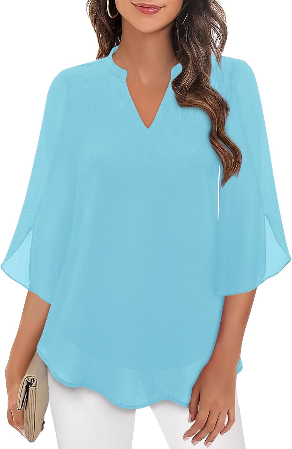 Bebonnie Womens Tops Dressy Casual Ruffle 3/4 Sleeve V Neck Double Layers Chiffon Blouses Tops