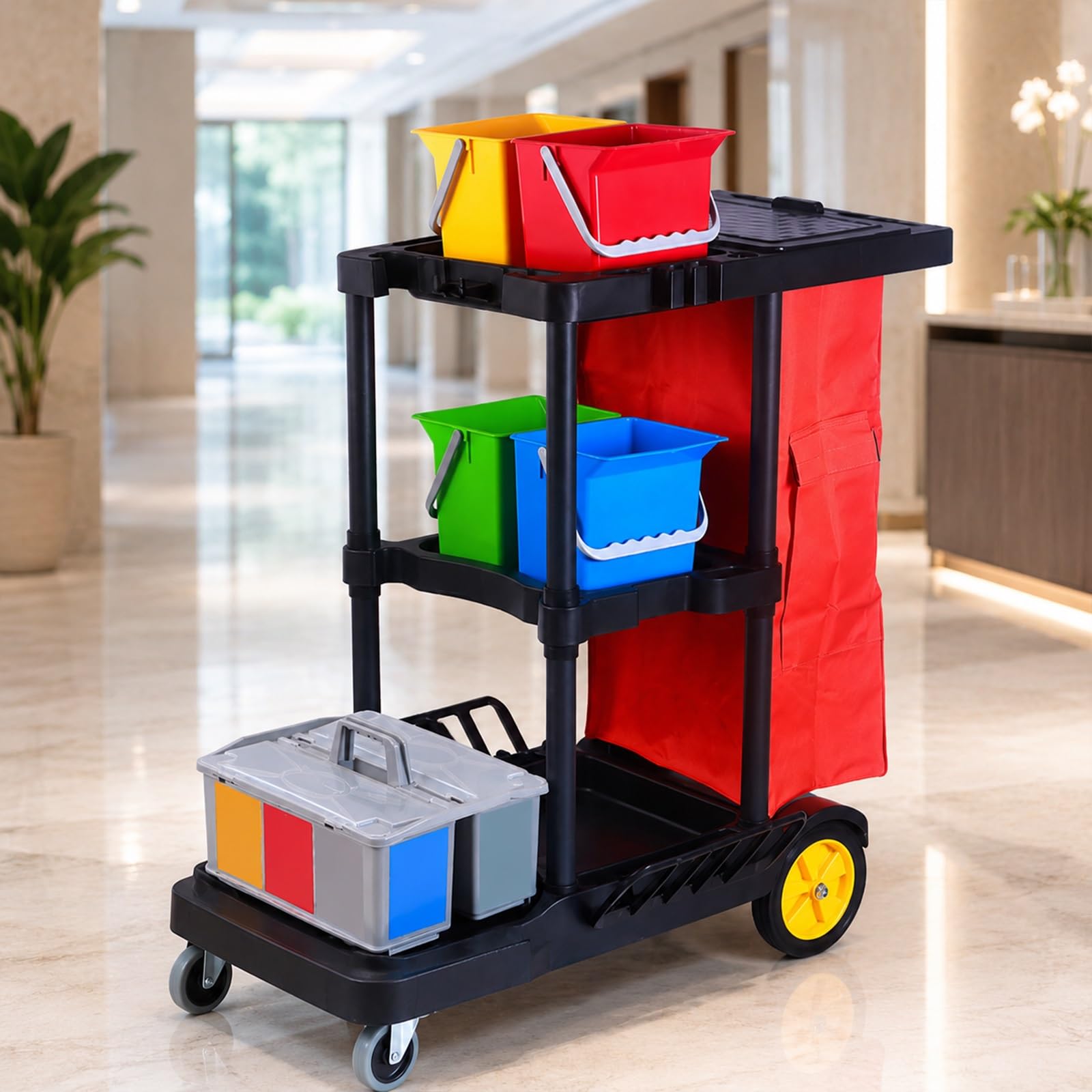 Cleaning Trolley on Wheels with 4 x 6 L Buckets and Bag,Janitorial cart, storage trolley, cleaning product carrier, for hotel and restaurant, 110 x 56 x 101(1-Tier Sorting Box)