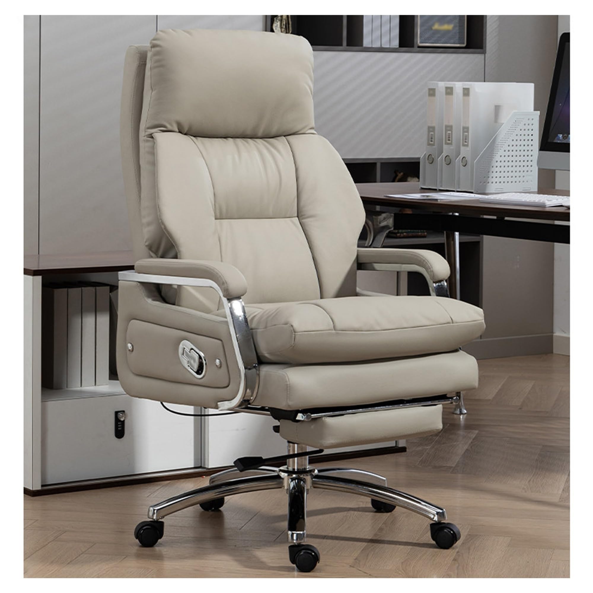 High Back Executive Office Chair, Leather Computer Chair, Ergonomic Desk Chair with Footrest, Heavy Duty Support up to 660LBS, 160° Backrest Tilt and 15° Rocking Function(Beige)