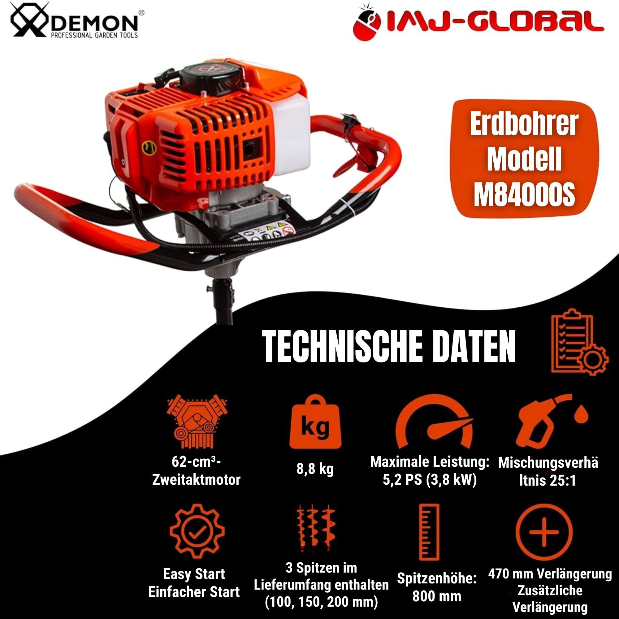 IMJ-Global – Erdbohrer Benzin DEMON da 62cc – 5,2 PS mit 2-Takt-Motor, Benzin-Öl-Gemisch, Benzin Erdbohrer Gartenbohrer Professioneller mit 3 Bohrspitzen (Ø 100 mm, 150 mm, 200 mm)