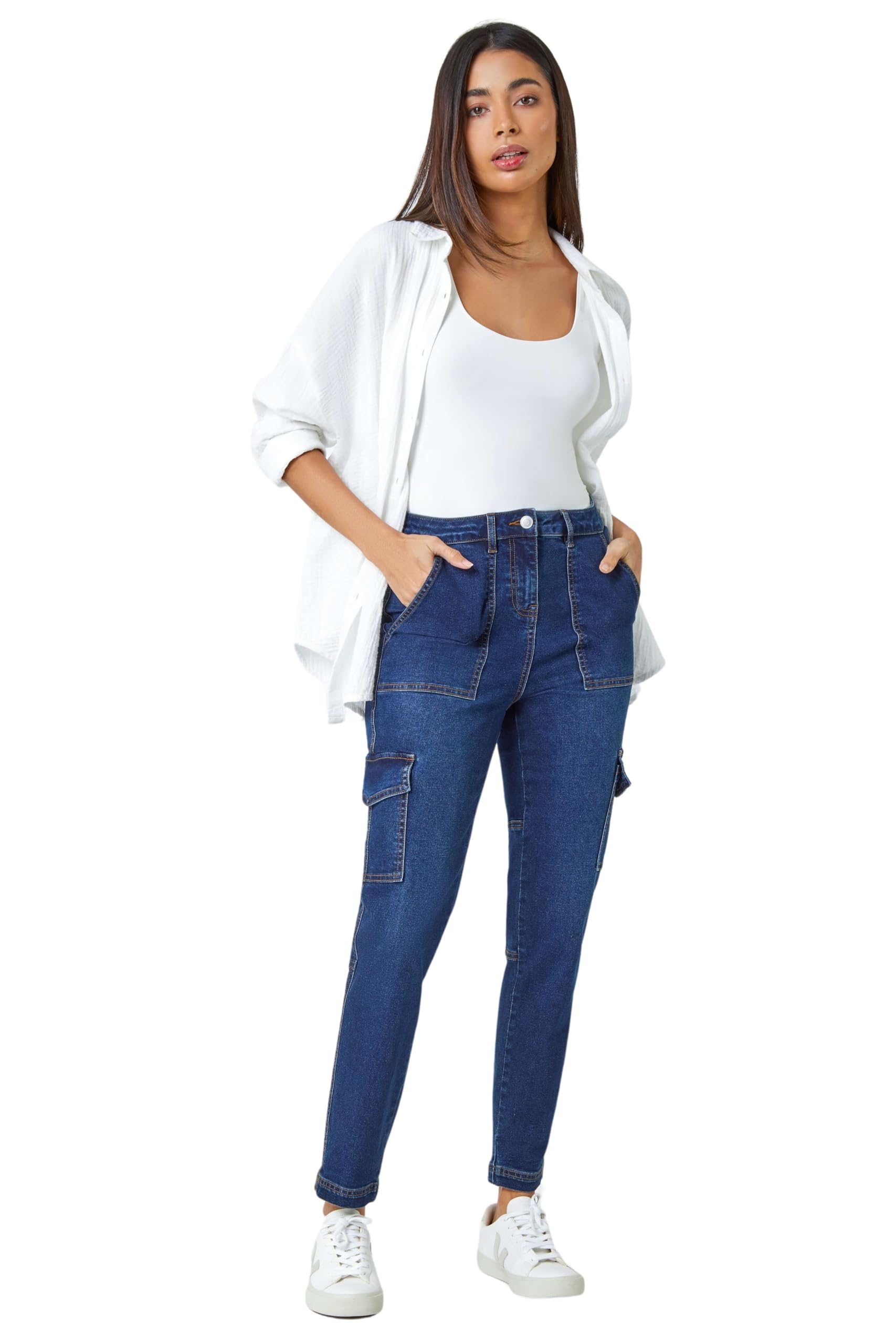 Roman Women's Indigo Cotton Blend Cargo Stretch Jegging | Size: 18
