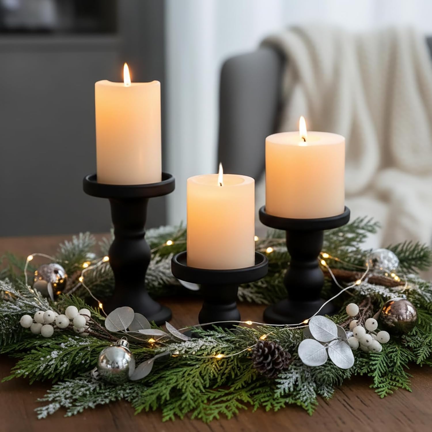 Willceka Glass Candle Holder 3 PCS - Black Pillar Candle Holder Set for Candlesticks Taper Tealight - Matte Black