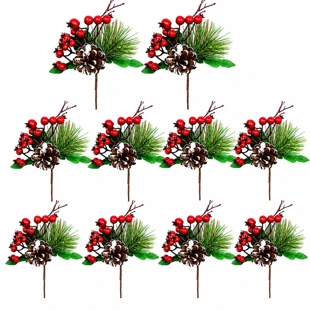 BANBERRY DESIGNS Pine Branches and Red Berry Picks - Set of 10 Stems with White Snow Covered Pine Cones and Berries - Christmas Artificial Floral Sprays Sprigs - Approx.