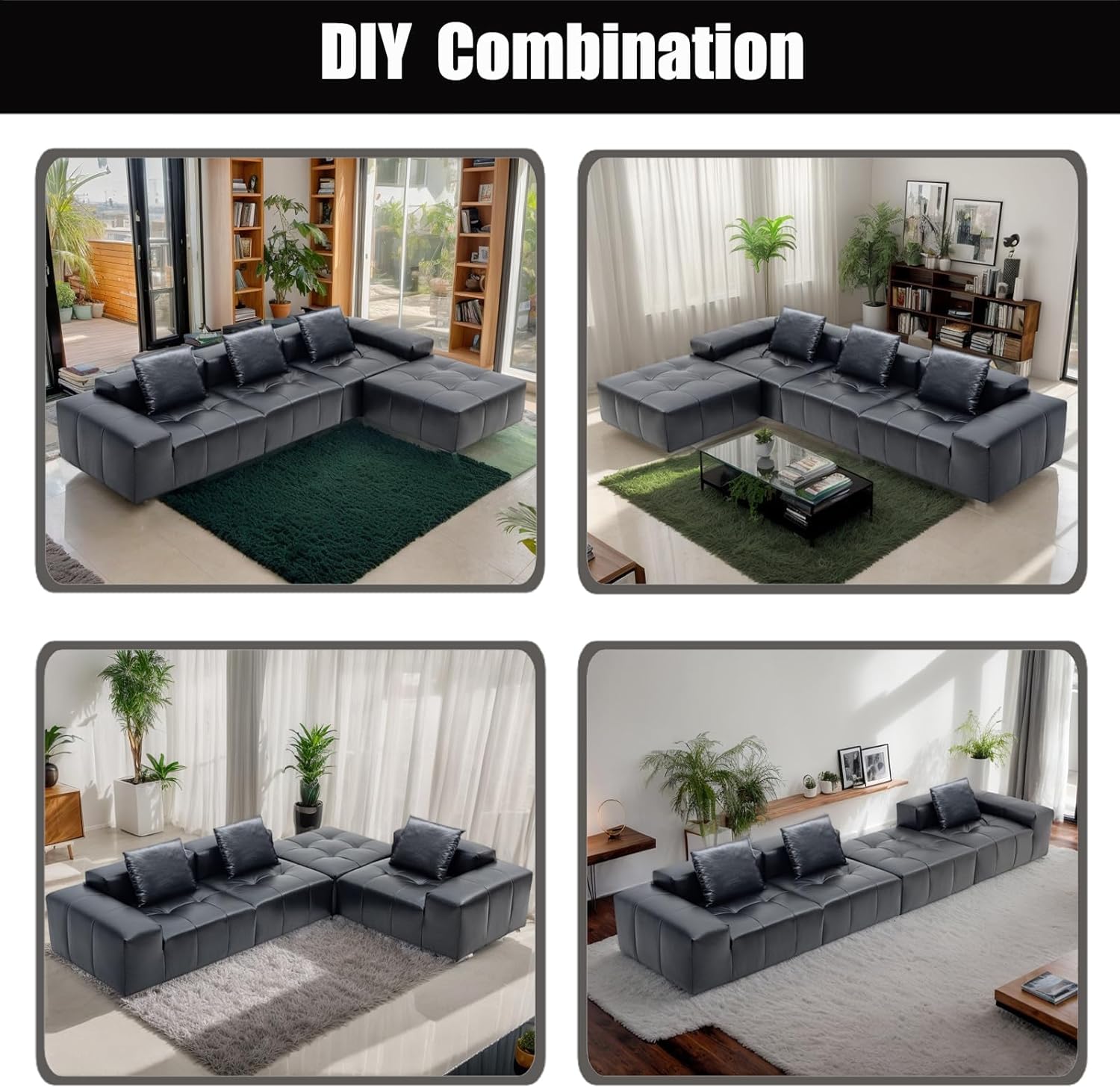 MEISIMAN 136" Leather Couch, L Shaped Couch - Sectional Couches with Ottoman, Modular Sectional Sofa & Memory Foam Cloud Couches for Living Room, No Assembly Required (Black Leather)