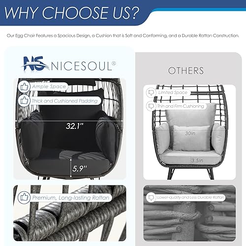 Miniatura 7 de NICESOUL Silla estacionaria de huevo para patio con cojines gruesos, para interiores y exteriores, silla de mimbre más grande con cesta de huevos de