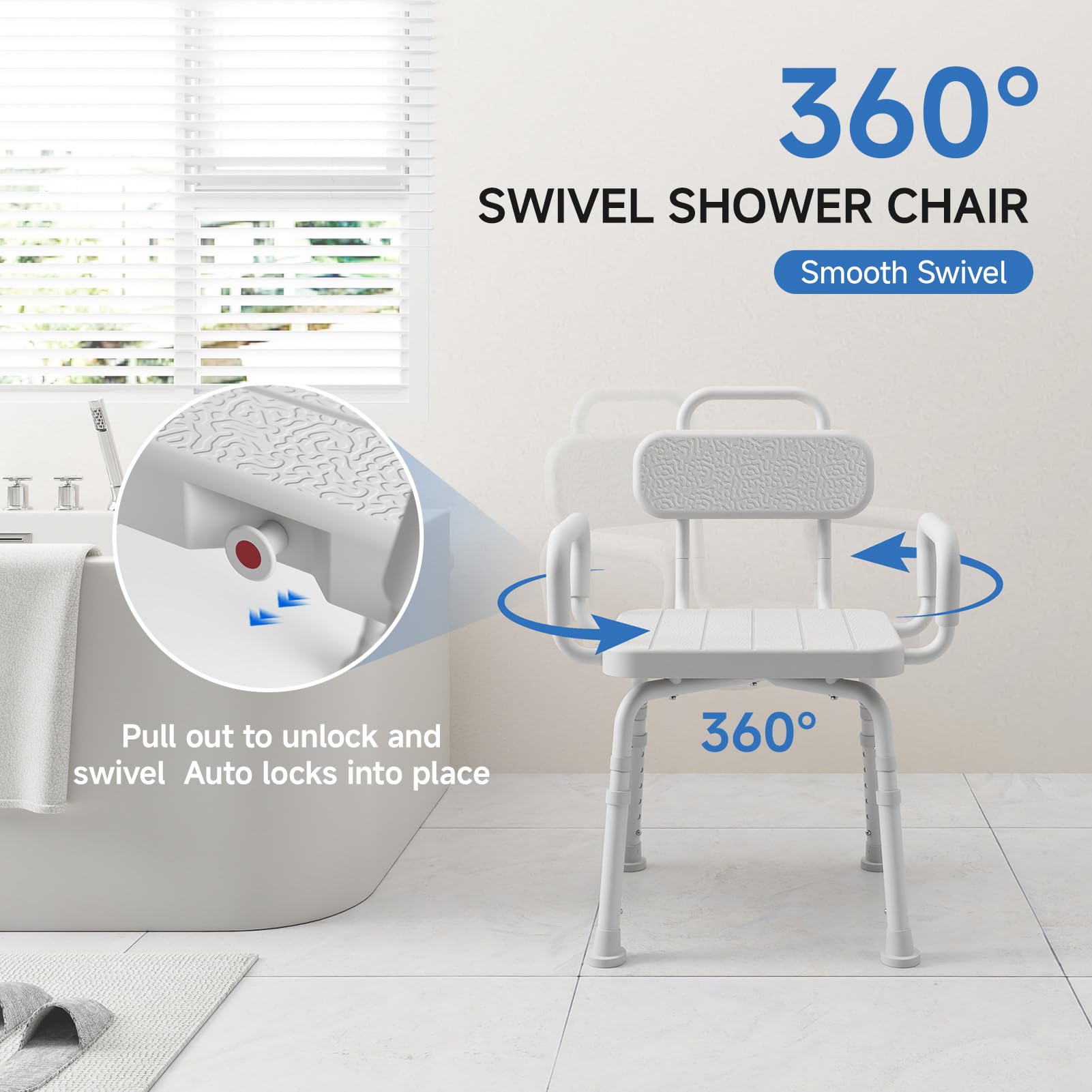 Loyoda Silla de ducha de aluminio con asiento giratorio de 360°, extraíble, respaldo y brazos, capacidad de 160 kg