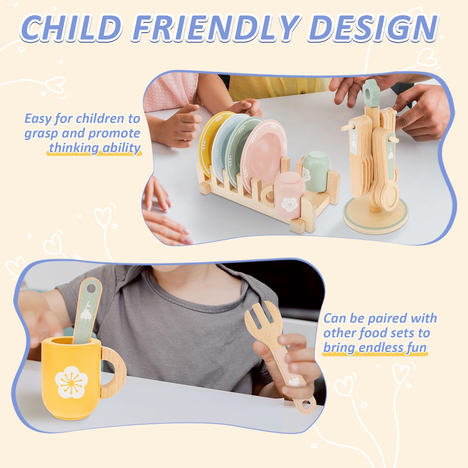 Gatphy Wooden Kitchen Toys, 22 Pcs Kid Wooden Dinnerware Toy Set, Wood Kids Kitchen Playset, Funny Toddler Cutlery Rack & Dish Rack Children Cutlery and Plate Toy Set for 3-5 Years Old - Image 4