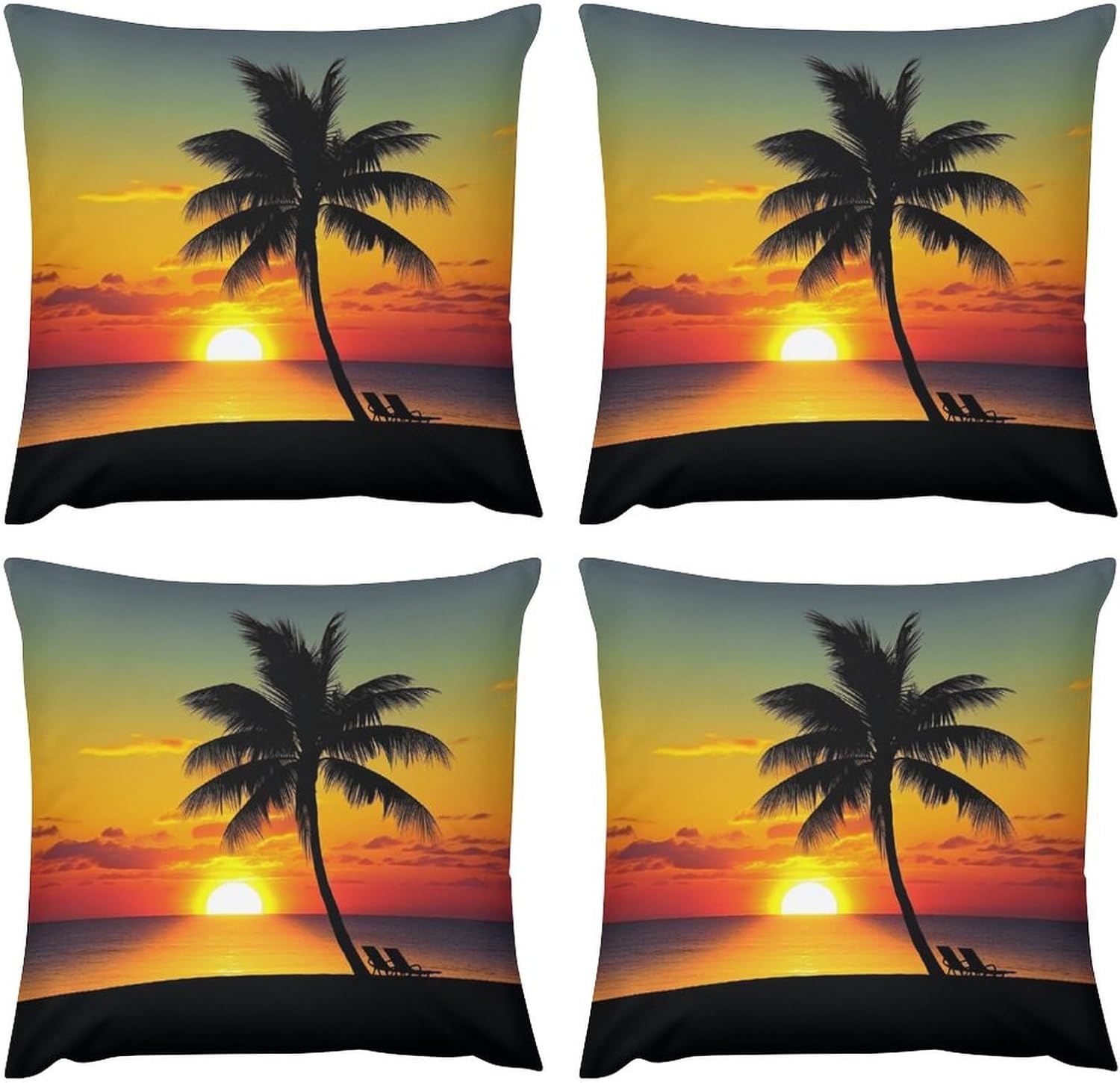 Zippered Pillow Cover, Pillow Protector, Sunset Palm Tree Printed Pillow Cover of 4, Pillow Not Included