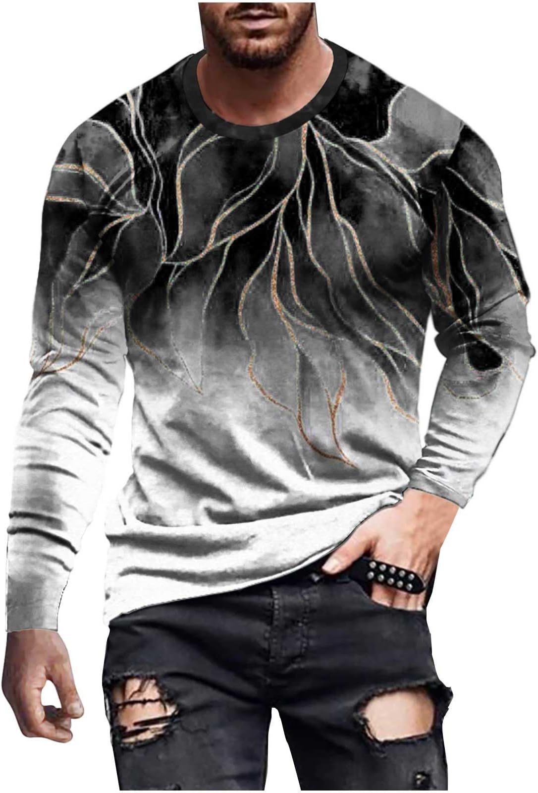 Men's T-Shirts Graphic Tees Casual Fashion Long Sleeve Crewneck Sweatshirt Funny Marble Print Gym Workout Tee Top