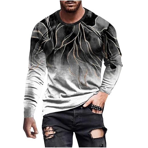 Mens Long Sleeve Shirts Casual Gradient Color Loose Pullover Graphic Tee Shirts Fall Fashion Athletic Sweatshirts
