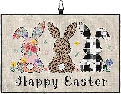 OComster Happy Easter Golf Towel with Carabiner Clip, Checkered Cheetah Bunny Microfiber Waffle Pattern Golf Towel, Golf Accessories for Cleaning Clubs and Balls, 24x16 in