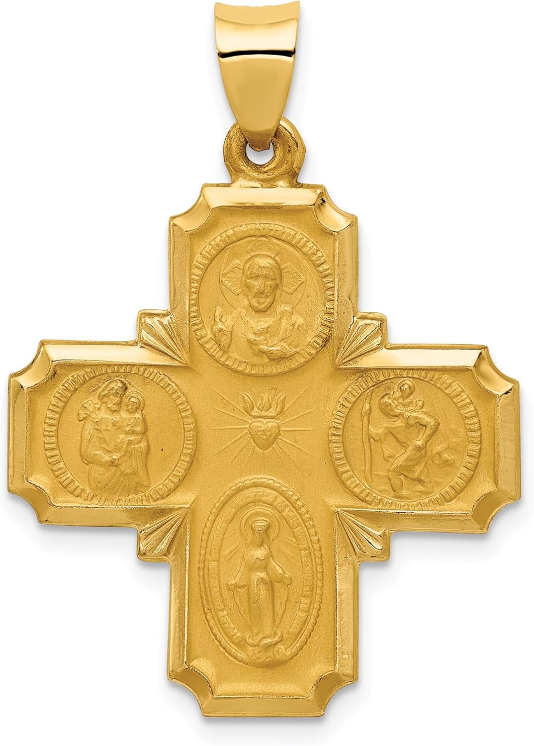 14k Yellow Gold Four-Way Cross Pendant for Women with Sacred Heart, Virgin Mary, and Saint Medals - Catholic Christian Faith Necklace, Religious Jewelry Charm, Spiritual Devotional Accessory