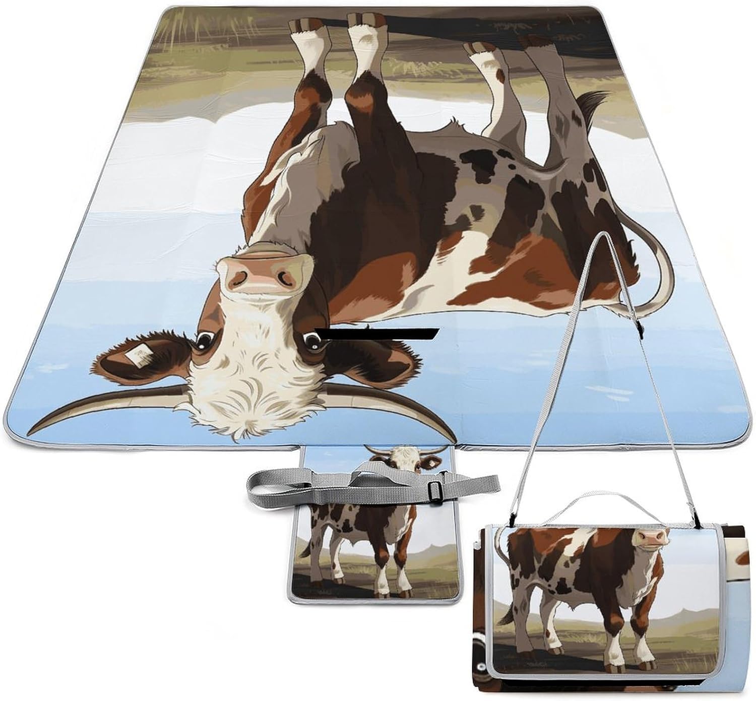 Animal Cow Waterproof Picnic Blanket 58.3''x58.3'',Portable and Foldable Picnic Mat with Handle,Outdoor Blankets for Lawn Park Beach Travel